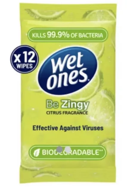 12x Wet Ones Be Zingy Biodegradable Antibacterial Wipes, 12 Pack (144 Wipes)