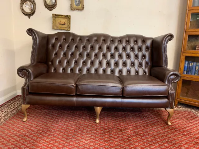 Fantastic Quality Antique Brown Leather Wingback Chesterfield Settee