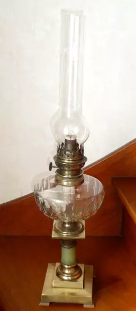 Superbe lampe à pétrole ancienne en bronze et Onix 19éme Toupie en Baccarat