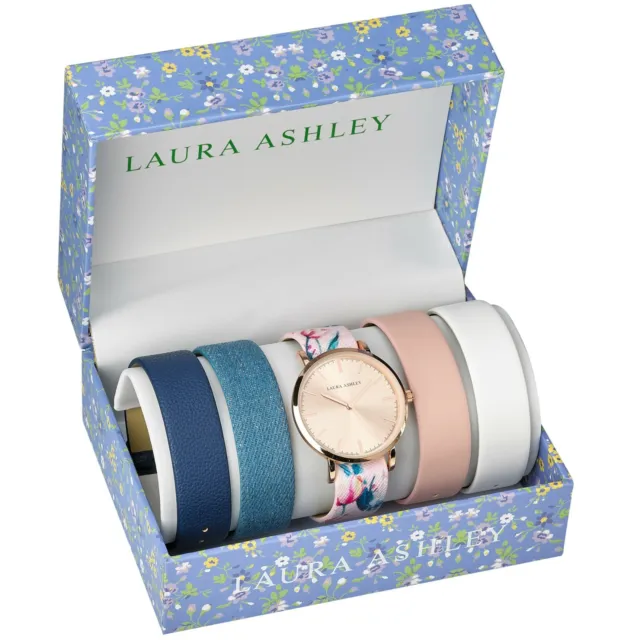Laura Ashley Womens Mirror Dial Floral Strap Watch Set 4 Interchangeable Straps