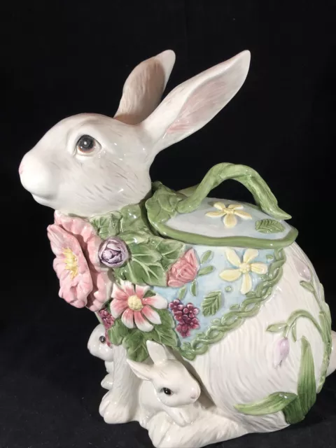 Vintage Fitz & Floyd Fauna & Flora White Rabbits Bunnies Cookie Jar Majolica