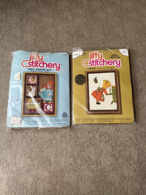 1973 Jiffy Stitchery “Cookin” And “Girls Memory Box” by Connie Blyler 100% Wool