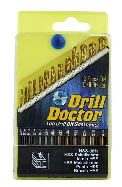 Drill Doctor 13 Piece SAE Drill Bit Set Tin Coated HSS Jobber Length Drills