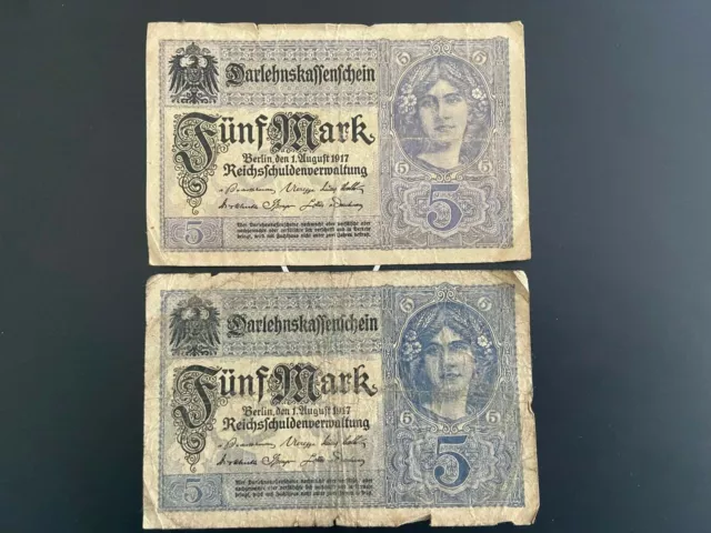 2 Stück 5 Mark Banknote Darlehenskassenschein 1917 Germany Ros. 54 circulated