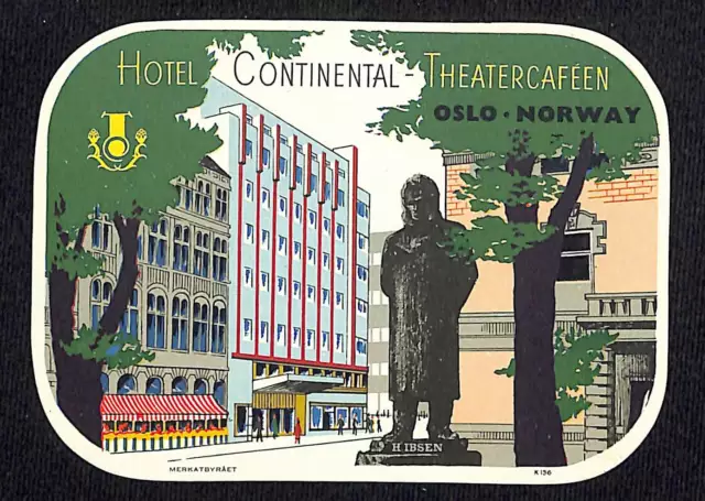 Hotel Continental Theatercaffen Oslo Norway Luggage Label Vintage NOS VGC Scarce