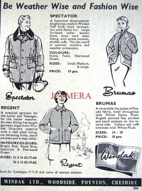 WINDAK Weatherproof Jackets Clothing ADVERT - Original Small 1958 Print AD