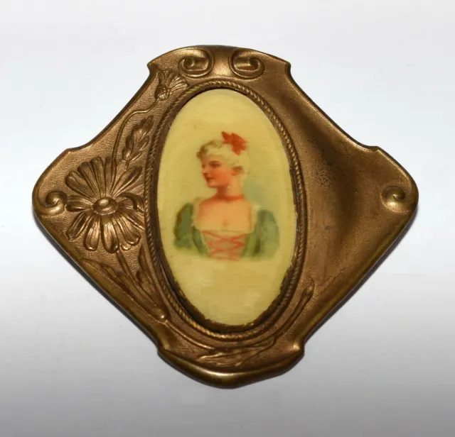 Antique Victorian Hand Painted Porcelain Lady Portrait Cameo in Brass Floral Pin