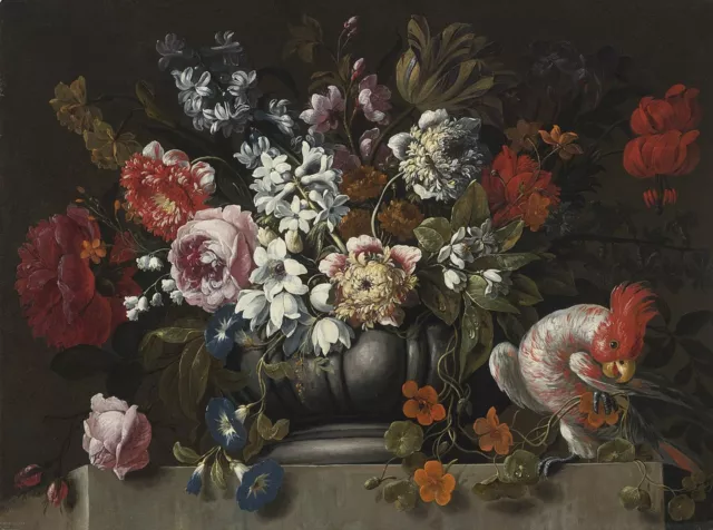 stunning oil painting "Still life of flowers in a stone urn with a parrot"N10010