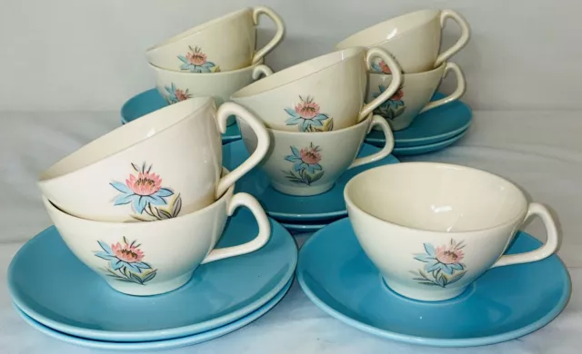 9 Steubenville FAIRLANE *TURQUOISE/PINK FLOWERS *CUPS & SAUCERS