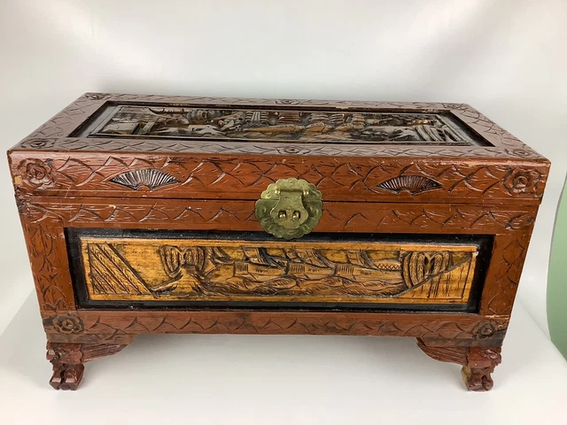 Vintage Chinese Asian Wood Carved Cedar Trunk Chest Large Sail Boat Hope Storage