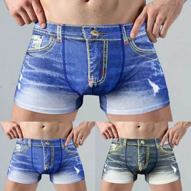 Mens Smooth Cotton Shorts Fake Denim Jean Printed Boxer Briefs Underwear US