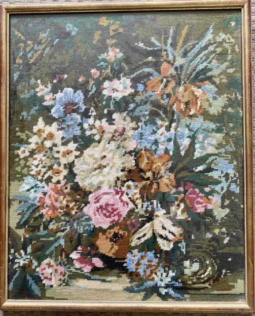 Vintage Framed Tapestry Needlepoint Floral Flowers Roses