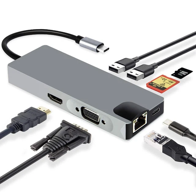 TYPE C TO HDMI RJ45 Multiport Converter USB3.0 8 in1 Gigabit Network