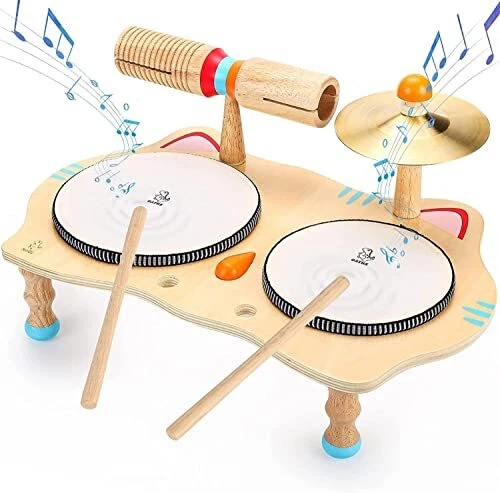 Kids Drum Set All in One Montessori Musical Instruments Set Toddler Toys Natural
