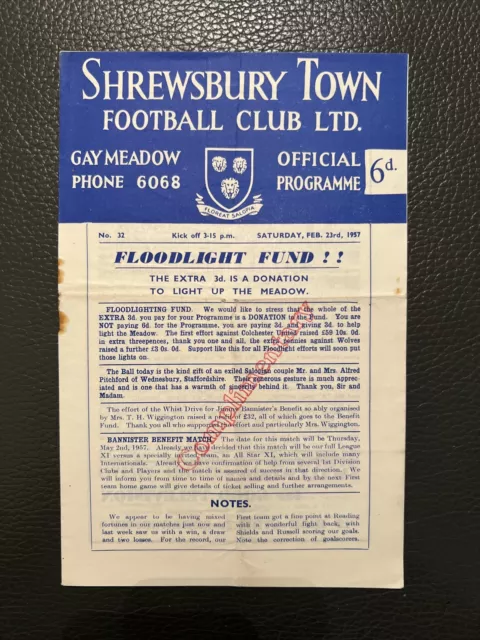 23.2.1957. Shrewsbury Town v Plymouth Argyle (Div 3 South).