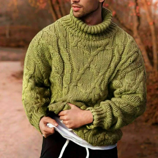 Mens Sweater Winter Chunky Cable Knitted Jumper Roll Turtle Neck Pullover Twist 3