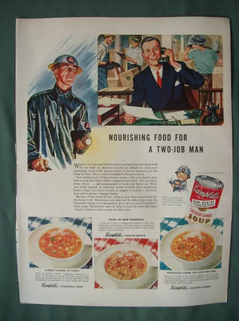 VTG 1943 Orig Magazine Ad Campbell's Chicken Gumbo Soup Nourishing for 2-Man Job