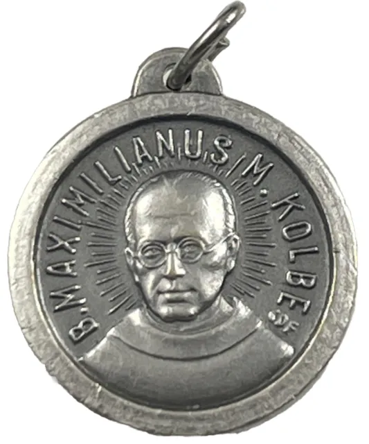 Pequeña medalla religiosa vintage católica B. Maximiliano Kolbe tono plateado