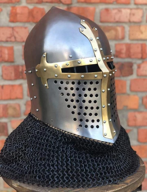 Medieval Armor Larp SCA Knight Barbute Helmet 18 Guage Steel Chain Mail Helmet
