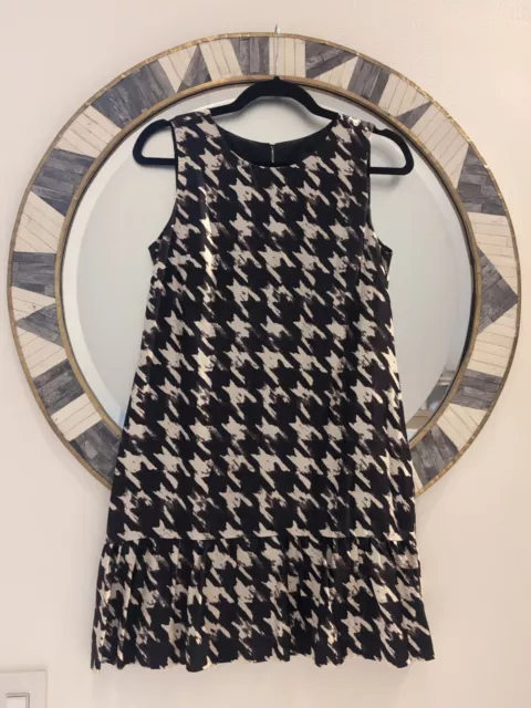 J Crew Women Silk Babydoll Shift Dress 4p Houndstooth Flounce Hem black white