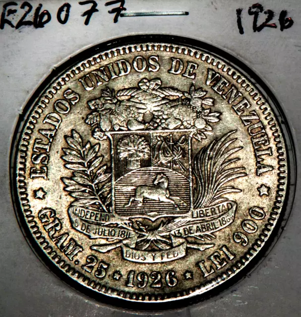 Venezuela 1926 5 Bolivares ExtraFine XF+ Silver Coin Plata .900 Stallion Horse