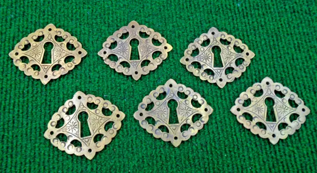 6 Matching Cast Brass Victorian Ornate Key Escutcheons Chasing Pattern  (40141)