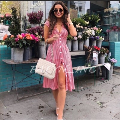 Nwt Zara Striped Midi Dress With Front Buttons 0264/352