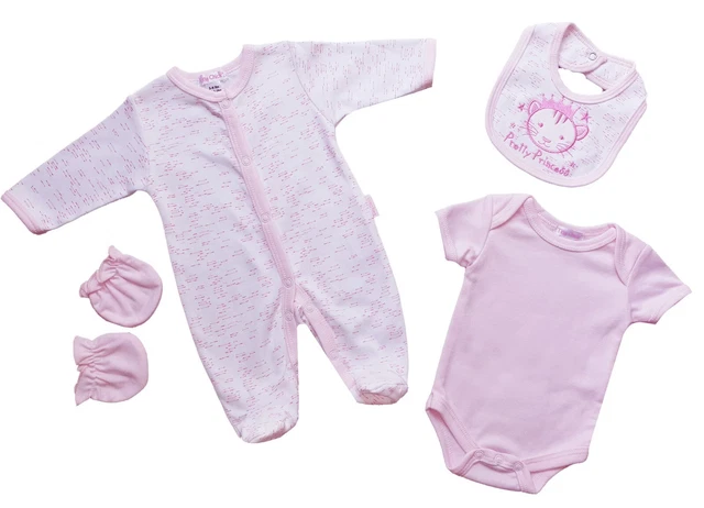 Prem Preemie Premature Baby Girl Sleepsuit Bodysuit Bib Mittens 4 Piece Set