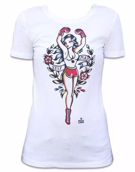 Black Market Art Womens Self Made Sexy Pin Up Boxer White Cotton Tee Shirt S-2XL