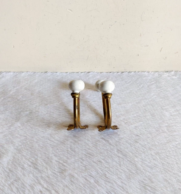 1920s Vintage Victorian Ceramic Knobs Ornate Brass Wall Hanger Hook 2 Pcs M322 2