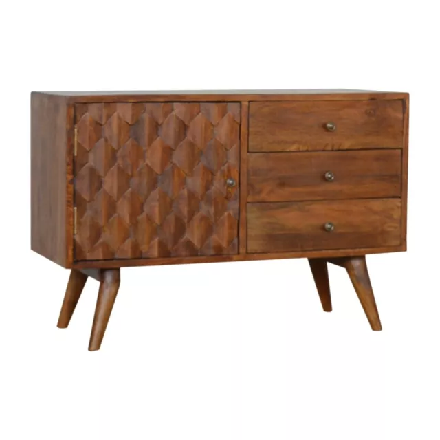 Dark Wood 88cm 3 Drawer Sideboard Cabinet Swoon Geo 3D Carved Mid Century Modern 2