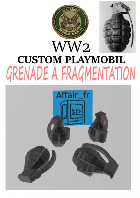 Custom compatible Playmobil WW2 en 3D - 4 Grenades verte - USA