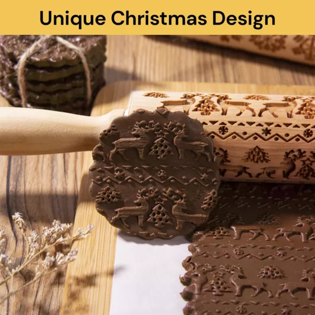 Christmas Rolling Pin Wooden Embossing Rolling Pin Engraved Baking Cake Roller 3