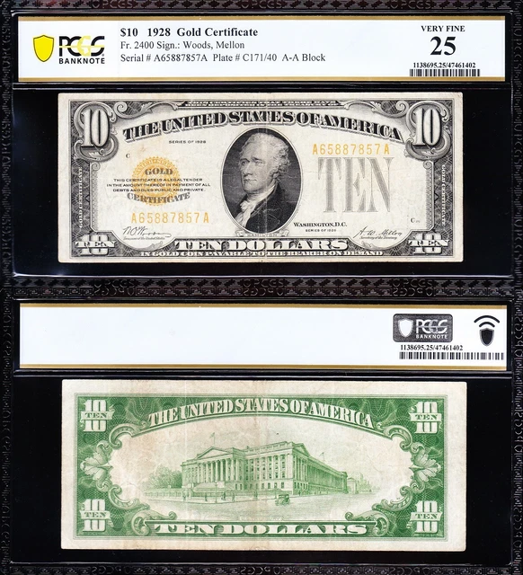 VERY NICE Bold & Crisp VF 1928 $10 GOLD CERTIFICATE! PCGS 25! FREE SHIP! 87857A