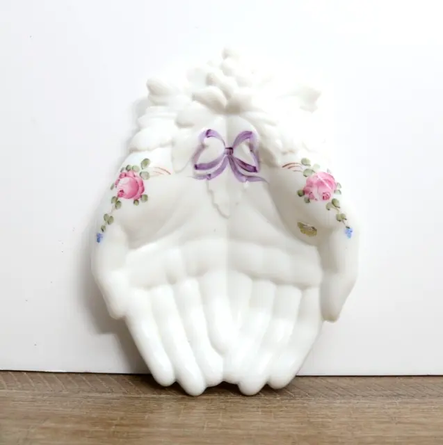 Westmoreland Milk Glass Hand Painted Roses And Bows Hands Trinket Ring Dish