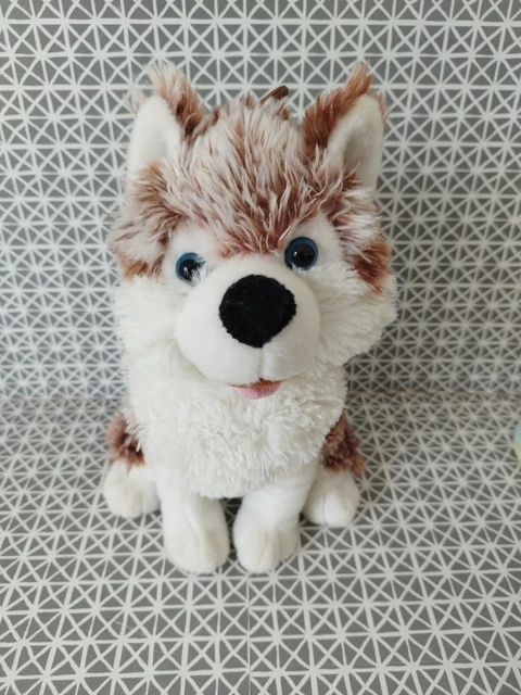 Peluche doudou chien husky beige chiné blanc langue rose 25 cm assis Sandy