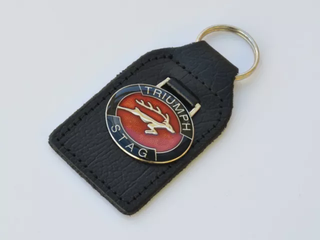 Triumph Stag Leather, Red Enamel & Chrome (Leaping Stag Emblem) Key Fob / Ring