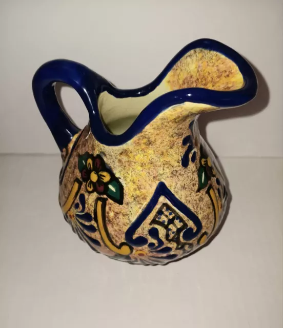 Vintage Mexican Folk Art Pottery Tonala Vase Pitcher Signed Hand Painted 5" Tall