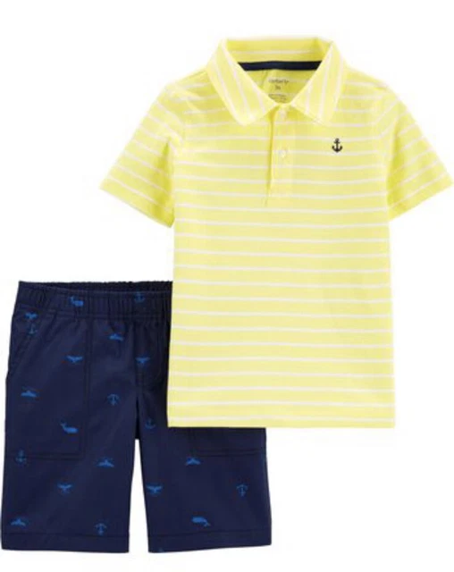 carters boys 2-Piece Striped Polo & Whale Short Set, Size 6 Mo