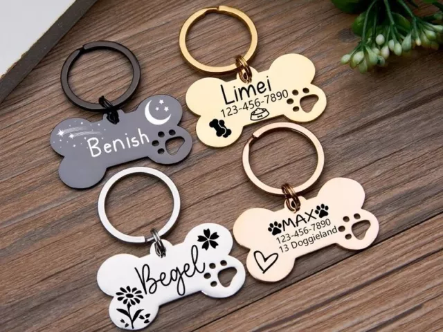 Personalised Pet Tag ID Tags Dog Identification Chipped Engraved Collar Bone Cat