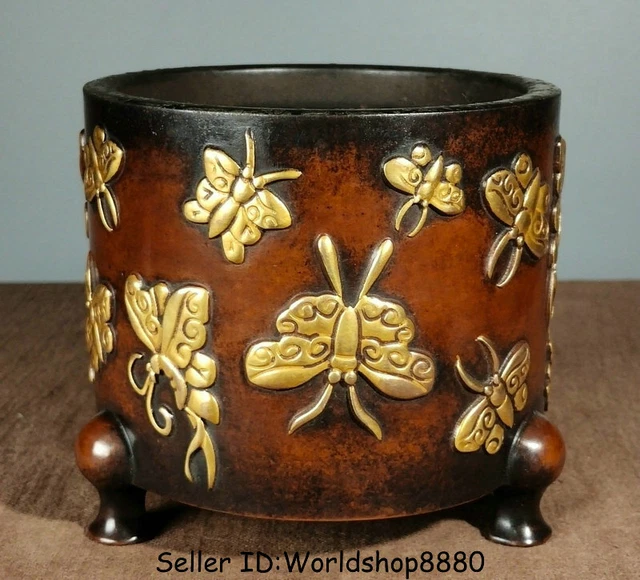 4.8"Marked Old China Purple Bronze 24k Gold Gilt butterfly Incense Burner Censer