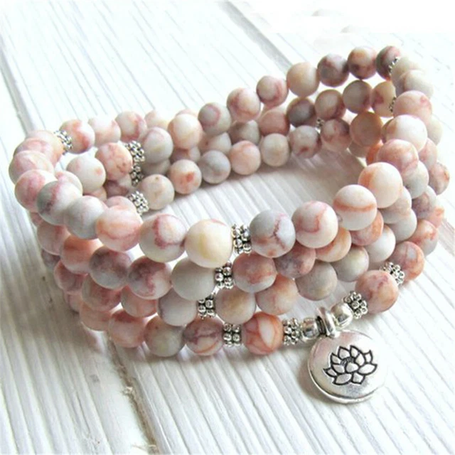 8MM 108 Rhodochrosite Buddha beads Silver Pendant Bracelet Wrist Lucky Mala