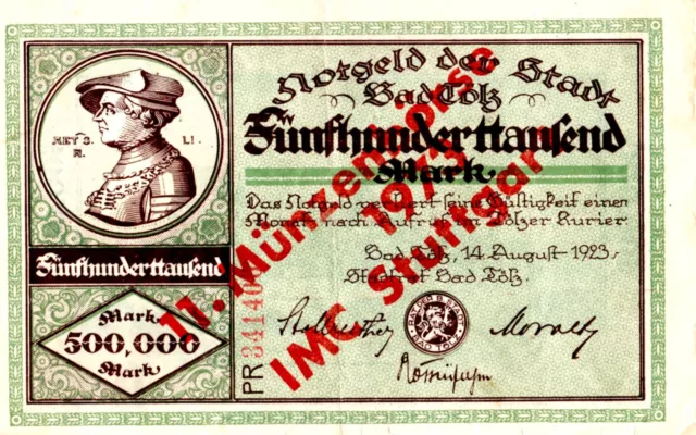 Fünfhundertausend Mark,500 000  Reichsbanknote 1923 Notgeld der Stadt Bad Tölz.