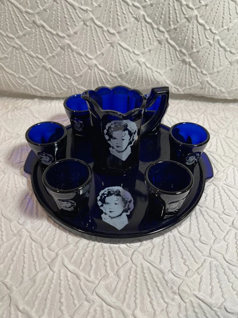RARE SET HTF, Blue Cobalt Shirley Temple Pitcher, shot glasses