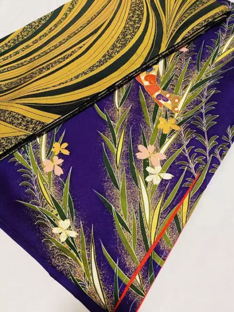 Kimono & Obi set flower purple unused long sleeves Japanese furisode belt #1