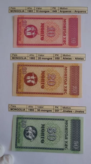 LOTE DE 3 DE MONGOLIA 1993: 10, 20 y 50 MONGOS, UNC, LOS DE LAS FOTOGRAFÍAS