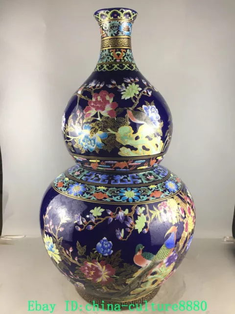 21.6 "Qianlong bleu émaillé rose Porcelaine fleur oiseau gourde vase vase
