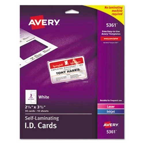 Avery Self-Laminating I.D. Cards, 2 x 3-1/4, White, 30 Cards (AVE5361)