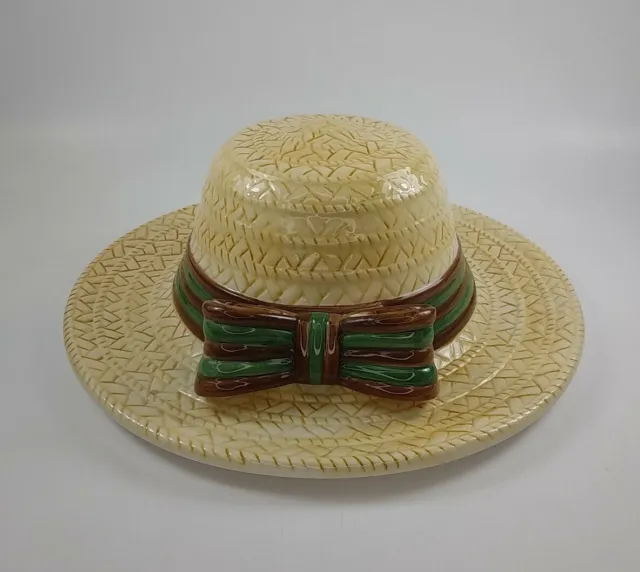 World Bazaars Inc Ceramic Straw Hat With Brown And Green Ribbon Wall Hanging