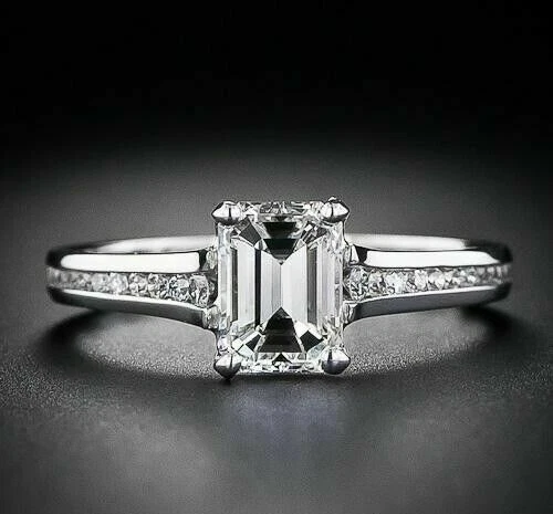 3CT Emerald Cut White Moissanite Engagement Wedding Ring Solid 14K White Gold FN